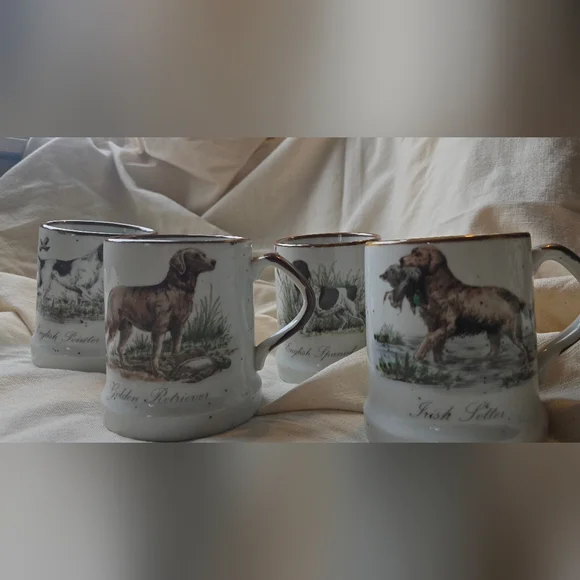 Vintage Enesco Speckled Stoneware Mugs Sporting Dogs Set Of 4 - Picture 3 of 9